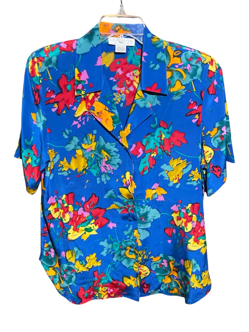 Vintage Doncaster Silk Vibrant Blue Floral Button-Down Shirt Womens Size 10
